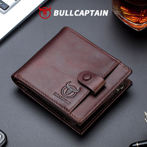 BULLCAPTAIN Factory Custom Men Genuine Leather <b>Wallet</b> OEM Card <b>Holder</b> Short <b>Wallet</b> Vintage Men Purse with Coin Zipper - Product Image 1