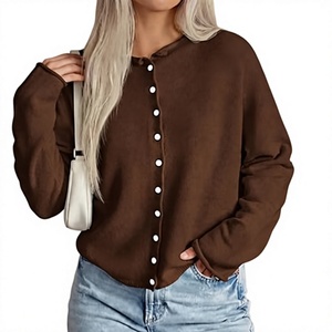 Cardigan en tricot marron à manches longues, fermeture boutonnée, couleur unie, pull d'automne, coupe classique, style homme - Product Image 1