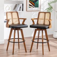 Tabouret de bar pivotant en rotin vert style Mid-Century, chaise de comptoir en bois courbé avec accoudoirs en cuir pour la maison et la cuisine