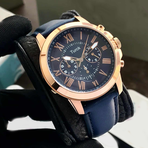 Montre chronographe de luxe pour hommes Fossill FS4835, boîtier en acier inoxydable étanche 50M, bracelet en cuir bleu, vente en gros - Product Image 1