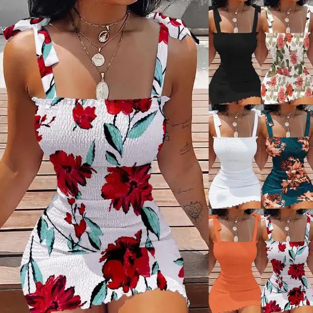 2022 new summer spaghetti-strap floral print off-neck tube top cinched waist dress women's clothing in stock