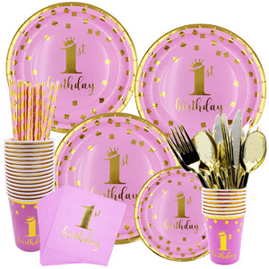 Ensemble de vaisselle en papier pour fête d'<span class=keywords><strong>anniversaire</strong></span> de bébé fille, thème couronne, 1er <span class=keywords><strong>anniversaire</strong></span>, rose, fournitures pour fête d'enfant - Product Image 1