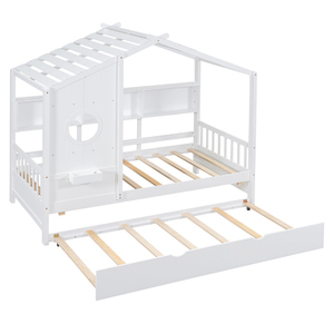 Modern Wooden Full Size <b>House</b> <b>Bed</b> With Trundle, Modern Design for Kids with Storage Shlef, White - Product Image 5