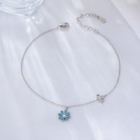 Nueva Tobillera Personalizada de Plata de Ley 925 con Cuentas de Flores Esmaltadas, Estilo Playa, Color Azul Claro