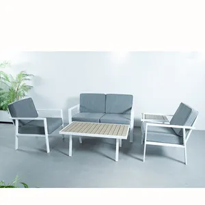 热销时尚花园4件户外扶手铝制沙发套装家具带塑料木桌花园用
