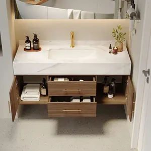 Moderno 39 "nogal montado en la pared baño vanidad gabinete piedra superior venta al por mayor baño caliente vanidad diseño