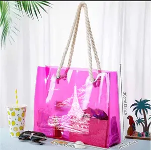Bolsas rosas de moda personalizadas de alta calidad con asa de algodón grueso, bolso de compras impermeable de Pvc transparente, bolso de playa
