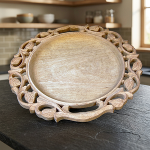 Plateau de service circulaire en bois écologique sculpté avec motif floral imprimé en gravure, fait main pour la décoration de table à la maison - Product Image 3