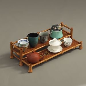 Double-layer lacquered bamboo <b>teacup</b> rack, handcrafted bamboo Zen-inspired tea ceremony accessory, tea set storage and display - Product Image 2