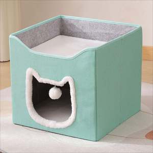 Lit pour petits animaux multi-usages, pliable, en forme de cube, maisons et condos pour chats avec boule moelleuse suspendue et griffoir - Product Image 5