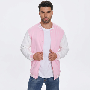 <b>Men</b> Pink <b>White</b> Varsity <b>Jacket</b> Casual Wool Polyester Stand Collar Covered Button Autumn Wear Embroidery Woven Windproof - Product Image 1