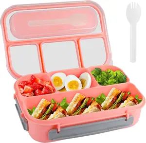 4 Compartment Plastic Office School Lunch Container with Spoon Lunch Box for Kids Bento Box