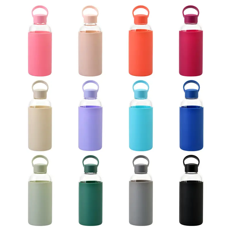500ml glass water bottle with silicone sleeve and handle lid