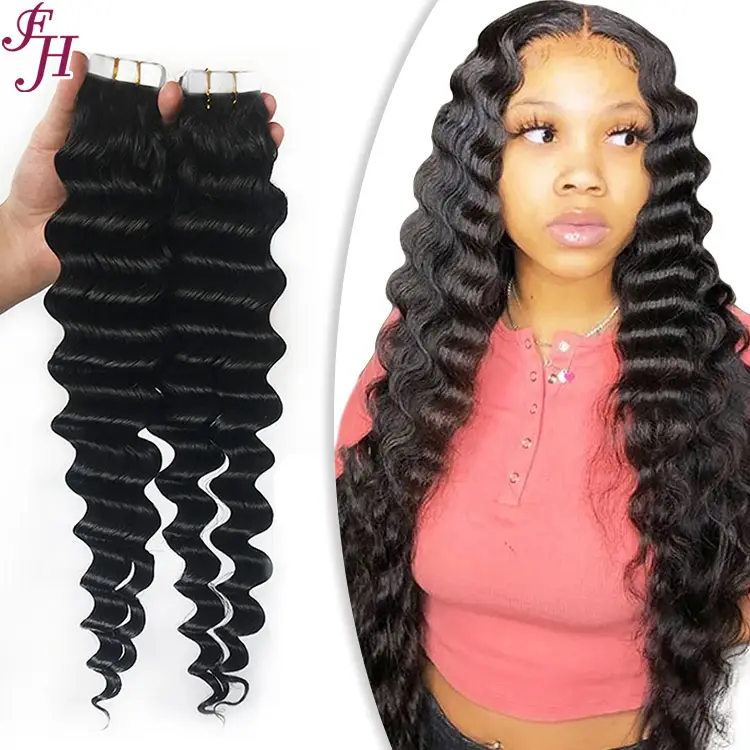 FH Wholesale Remy Tape Hair Extension Raw Unprocessed Virgin Brazilian Human Hair Deep Wave Tape In Hair Extension