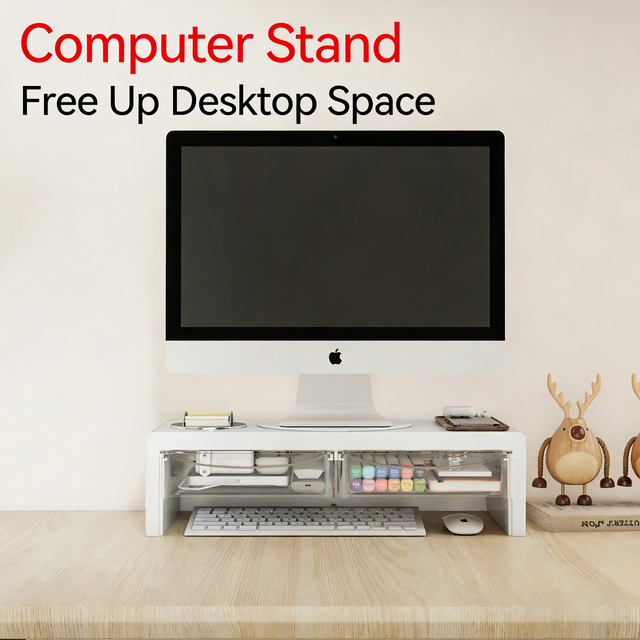 Monitor Stand Desk Organizer, Plastic Heighten Laptop Stand with Drawer, Office Accessories for Desktop Storage & Space Saving