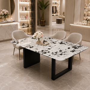Table à manger personnalisée en quartzite Snow Fox, plateau rectangulaire, style moderne, pour villa, 6 à 8 places, pieds en métal, mobilier en pierre - Product Image 4