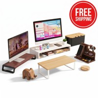 Moderne bureau-accessoireset van natuurlijk hout - monitorverhoger met digitale wekker en bamboe telefoonhouder organizer