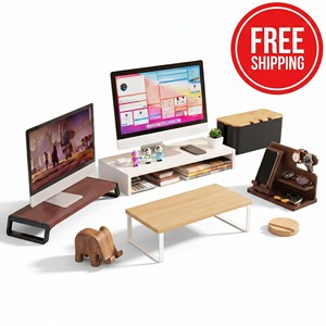 Juego de Accesorios de Escritorio de Madera Natural Moderna - Soporte para Monitor con Reloj Despertador Digital y Organizador de Teléfono de Bambú - Product Image 4