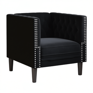 Black Chesterfield <b>Sofa</b> Chair Velvet Tufted Back Wood <b>Legs</b> Living Room Furniture - Product Image 1