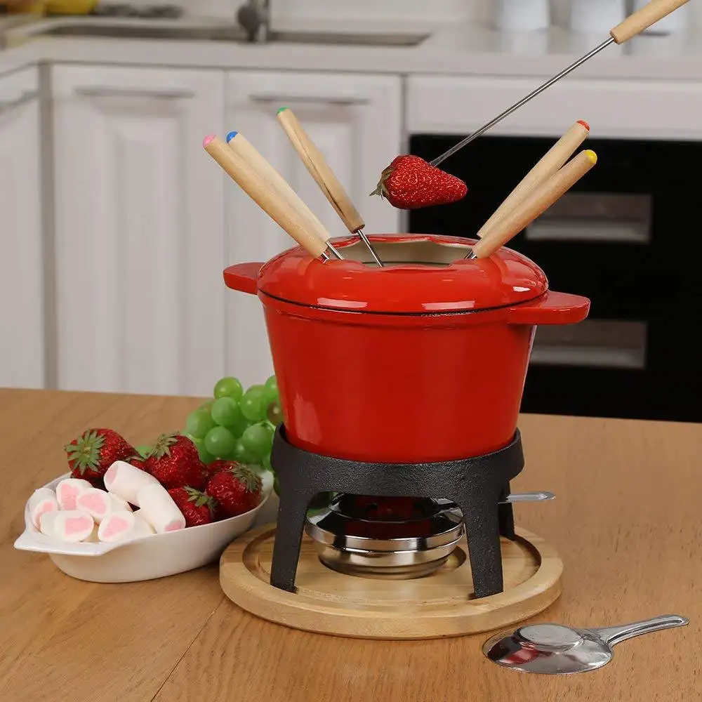 Anti-aanbak Kookgerei Emaille Gietijzeren Rood Blauw Oranje Kaas/Chocolade/Vlees Fondue Set Met Houten Basis