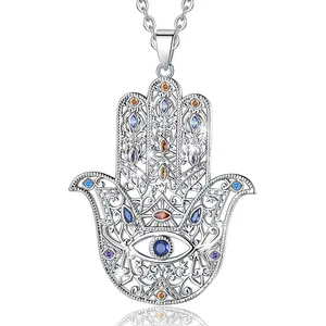 Changda copper with rhodium plated colorful cz turkish evil blue eye hasma hand of fatima pendant necklace