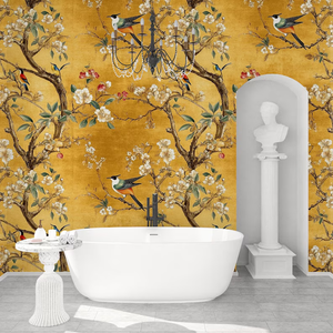 Opulenta Carta da Parati Autoadesiva Dorata con Motivi Floreali e Uccelli in Stile Chinoiserie, Decorazione Tradizionale per Interni, Camera da Letto e Soggiorno - Product Image 3