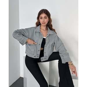 Veste en jean anthracite pour femme DEFILL, avec double poche et détails boutonnés, 100 % coton, vêtement d'extérieur décontracté et élégant - Product Image 2