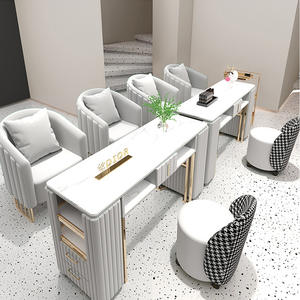 Mesa de manicura Premium blanca y dorada con cajones anchos y altura ajustable, ideal para estándares de higiene de salón de un solo uso - Product Image 1