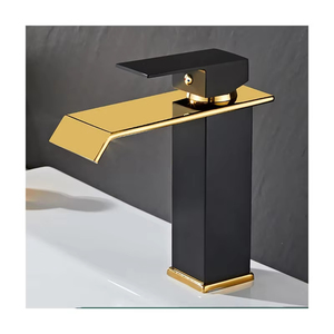 Grifo de Lavabo Monomando de Lujo Moderno, Mezclador de Lavabo de Acero Inoxidable Negro y Dorado, <span class=keywords><strong>Grifos</strong></span> de Baño con Efecto Cascada - Product Image 1