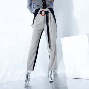 OUDINA High Design Contrast Color Casual con cintura <span class=keywords><strong>pantaloni</strong></span> a matita carota <span class=keywords><strong>pantaloni</strong></span> a gamba larga in lino da donna - Product Image 2