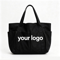 Tas Tote Kanvas Tebal Qetesh, Banyak Kantong Samping, Kapasitas Besar, Logo Custom, Tas Belanja Harian Reusable untuk Wanita