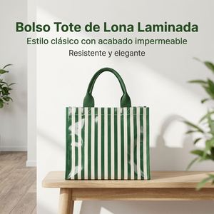 Bolso Tote a Rayas de Lona Laminada Personalizable, Bolsa de Compras Impermeable para Tiendas y Regalos - Product Image 1