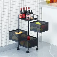 Étagère de rangement de cuisine rotative à 3 niveaux en métal, panier en treillis carré, chariot à roulettes pour fruits et légumes, avec roues, pour garde-manger