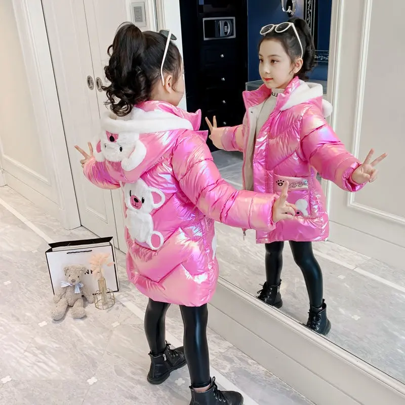 Зимняя длинная пуховая куртка для девочек 4, 6, 8 лет, Симпатичные пальто для девочек, парки, модная яркая детская водонепроницаемая верхняя одежда с капюшоном