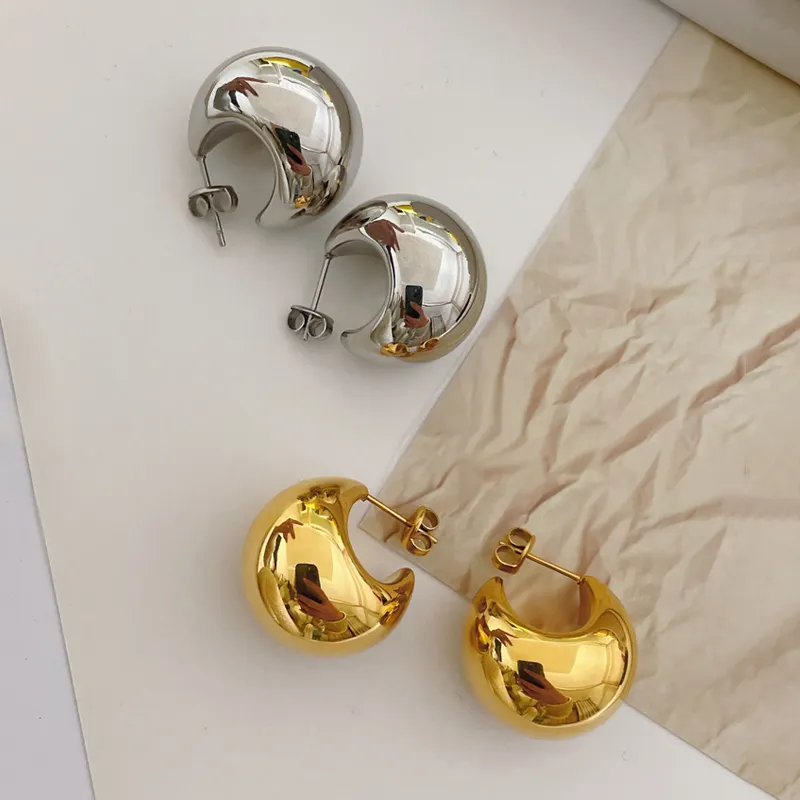 Chunky Women 18K Gold Plated Large Hollow Ball Earrings Hypoallergenic Designer Stainless Steel CC Stud Earrings