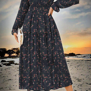 Floral Print Autumn Midi <b>Dress</b> Long Sleeve V Neck Pleated Tiered Woven Casual <b>Wedding</b> <b>Boho</b> High Waist - Product Image 3