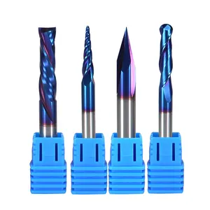 OEM Alloy Coated CNC Router Bit Sets For Wood 1/4 1/8 HRC65 Nano Blue Coating Solid Carbide Endmill 2 Flute Carving Wood Bit Set