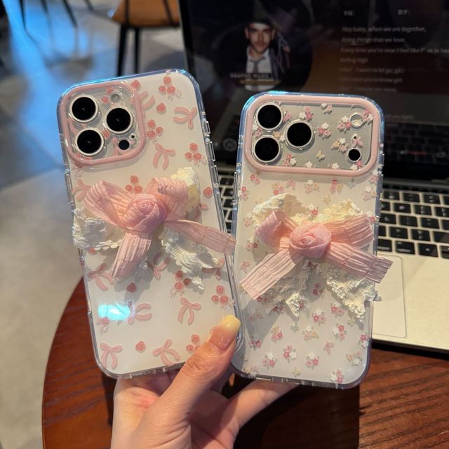 Aesthetic Full Screen Floral Pattern Phone Case for iPhone 14 15 16 17 Promax Collocation Stereoscopic Fabric Bowknot Rear Cover