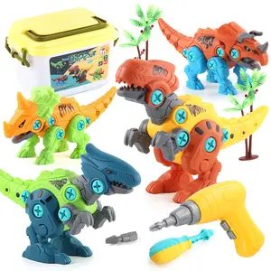 Crianças apart dinossauro brinquedo de plástico, com chave de fenda eletrônica caixa de armazenamento educacional 4 em 1 conjunto de dinossauro montado