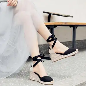 High quality fashion elegant high heels cross strap canvas trendy wedges sandals for women