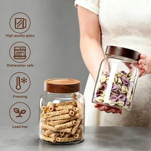 Wide Mouth <b>Large</b> Capacity Kitchen Storage Borosilicate Glass Spice Storage Container <b>Jar</b> with Thread Wooden Lid for Food Storage - Product Image 1