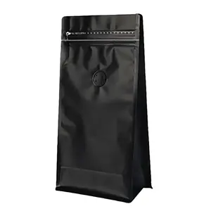 Pochette de café vente chaude impression personnalisée refermable fond carré feuille d'aluminium emballage Flexible noir sac de café Valve fermeture éclair