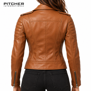 Chaqueta de Cuero Tipo Bomber para Mujer, Proveedor Mayorista de Chaquetas de Cuero para Mujer de Marcas Estadounidenses, Cuero Nappa Genuino OEM - Product Image 4
