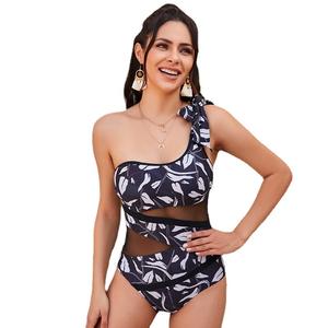 Traje de baño de un solo hombro para mujer, con pajarita, patrón de encaje, diseño sexy sin espalda y patrones estampados. - Product Image 6