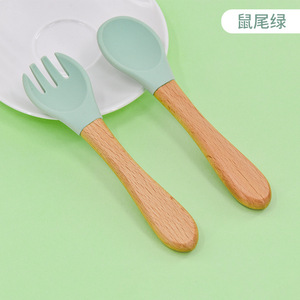 Juego de cubiertos para bebés y maternidad Yoyo, tenedor, cuchara, mango de madera, silicona, sin Bpa, para bebés de 0 a 12 meses - Product Image 2