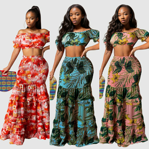 Floral Pleated <b>Elastic</b> Crop Top Maxi Casual Dresses Fashion Summer Natural Digital Printing Adults Short Dresses - Product Image 2