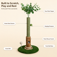 Griffoir pour chat en sisal haut avec enveloppe en corde verte, tanière en peluche avec trou pour souris et jouet interactif à bille pour chats d'intérieur