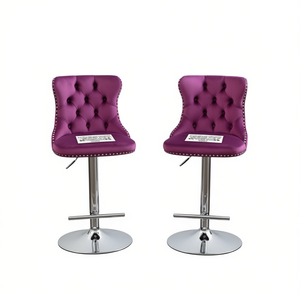 Taburetes de bar de terciopelo morado, altura ajustable, base cromada, respaldo tapizado, juego de 2 para el hogar, pub, cocina, isla - Product Image 1