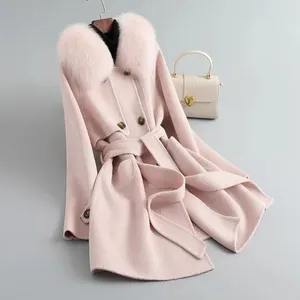 ZY238 mantel bulu rubah asli edisi klasik 2023 baru untuk wanita grosir mantel wol bersabuk hangat wanita