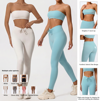 Set Yoga 2 Potong Wanita: Bra Olahraga Tanpa Tali + Legging Pinggang Tinggi dengan Tali Serut, Bahan Spandex/Nylon, Stretch Empat Arah, Bernapas